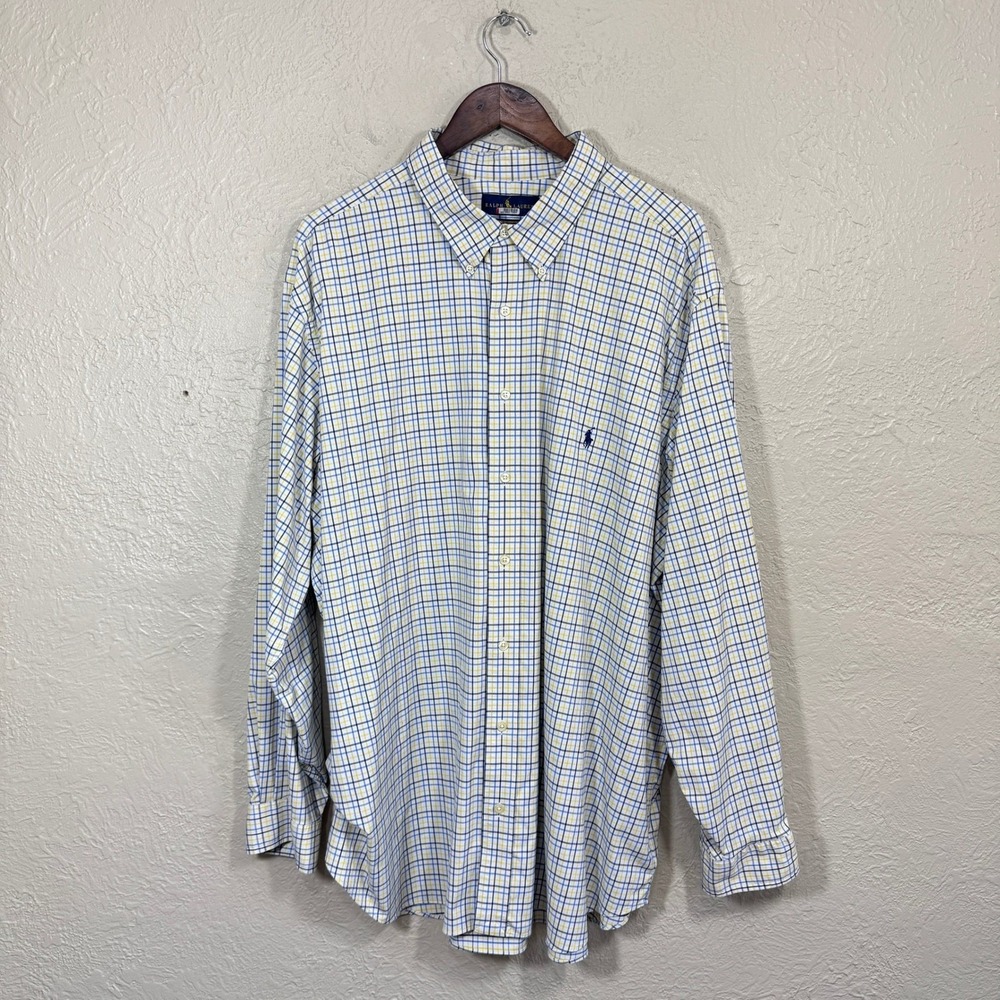 Polo Ralph Lauren Performance Dress Shirt 3XB Yellow Blue Gingham Stretch Tech